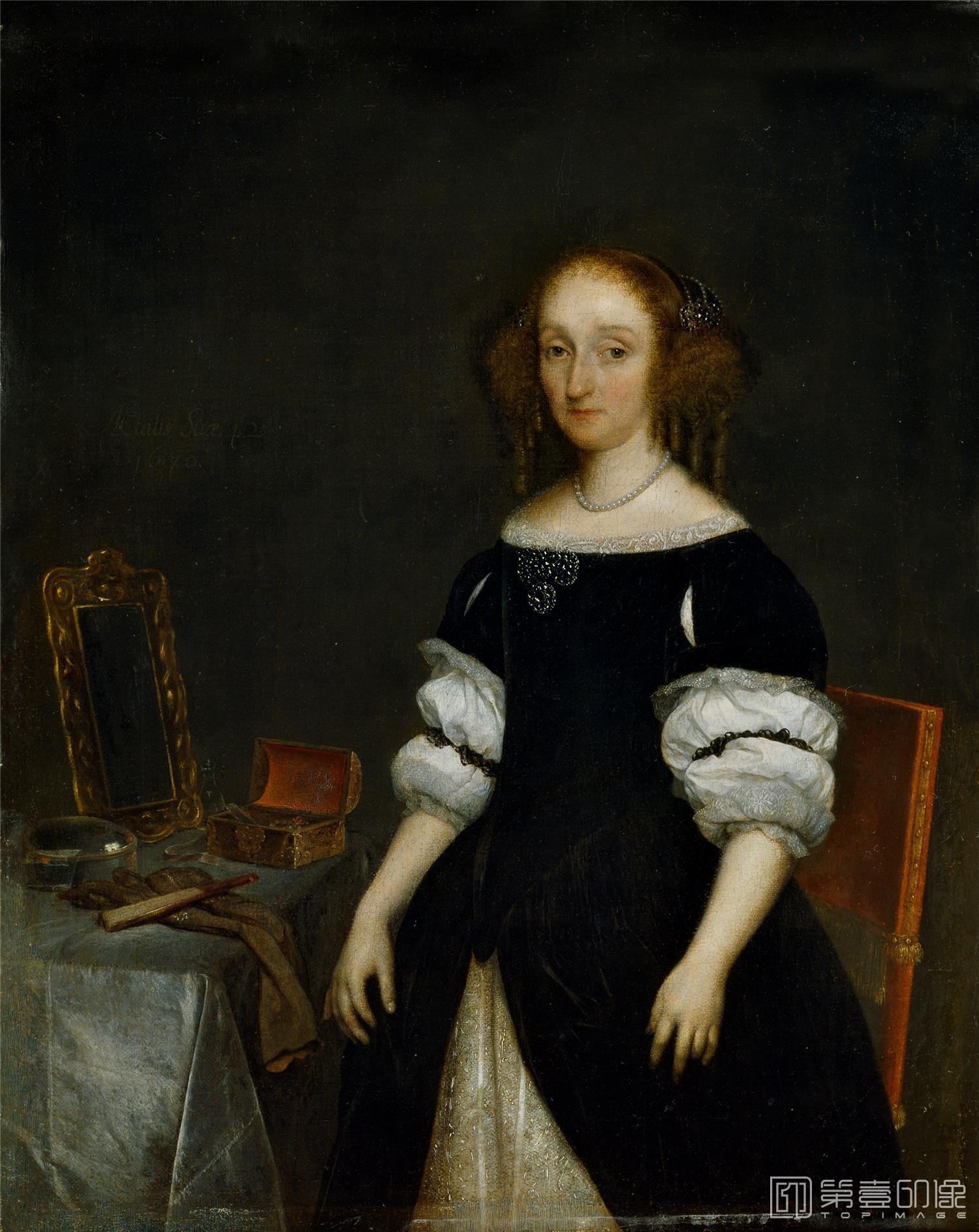 油画-西班牙普拉多美术馆油画藏画-Borch II, Gerard ter-Petronella de Waert-40cm x 32cm-0434